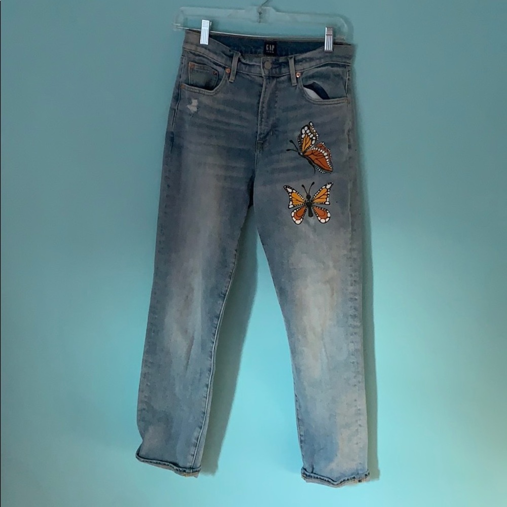 Hand painted boyfriend wide leg butterfly jeans